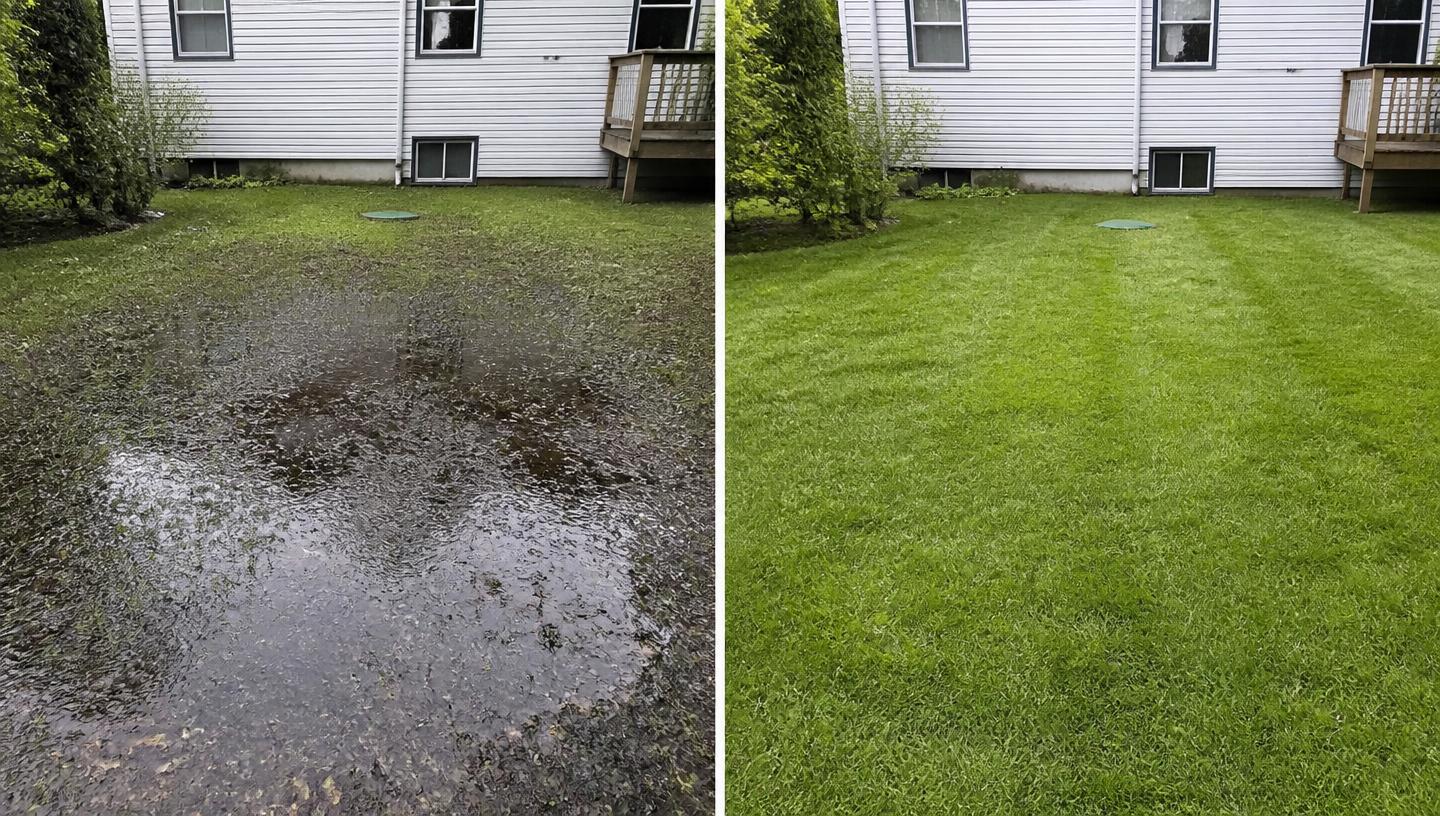 Before and after comparison of a backyard drain field, soggy on the left and dry green grass on the right