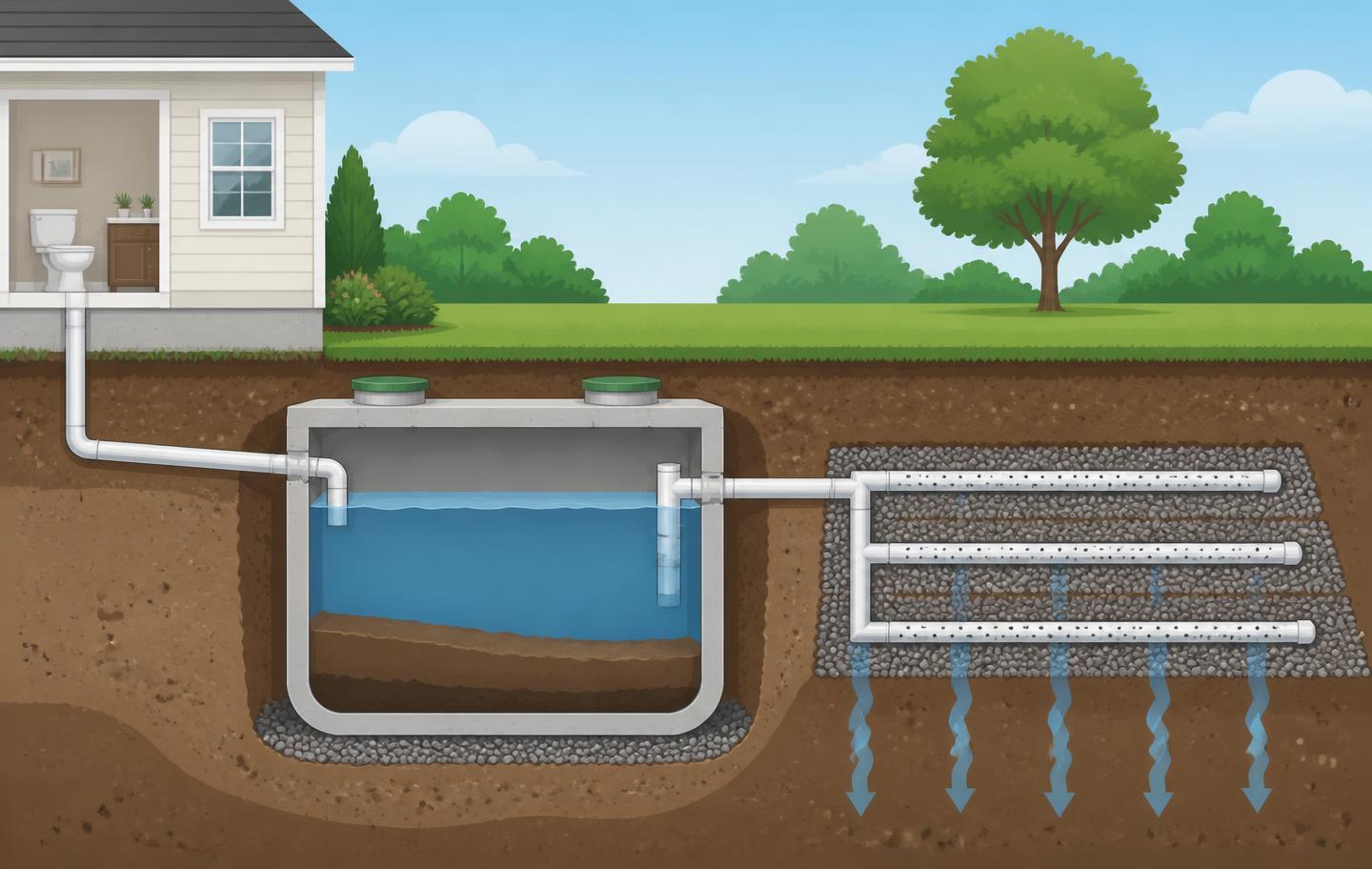 Cutaway diagram of a residential septic tank showing the sludge layer, liquid layer and drain field