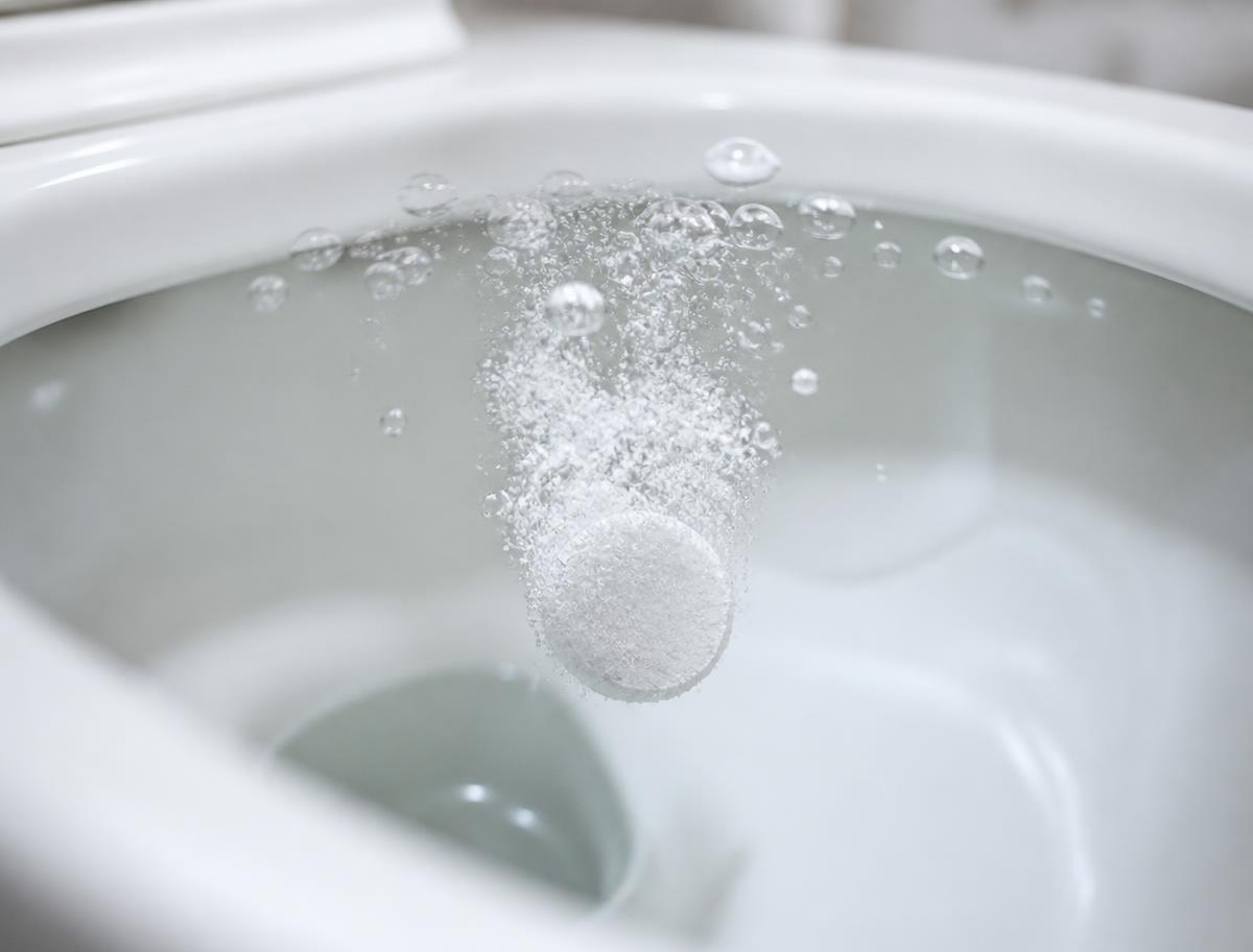 An effervescent septic treatment tablet fizzing as it dissolves in a toilet bowl